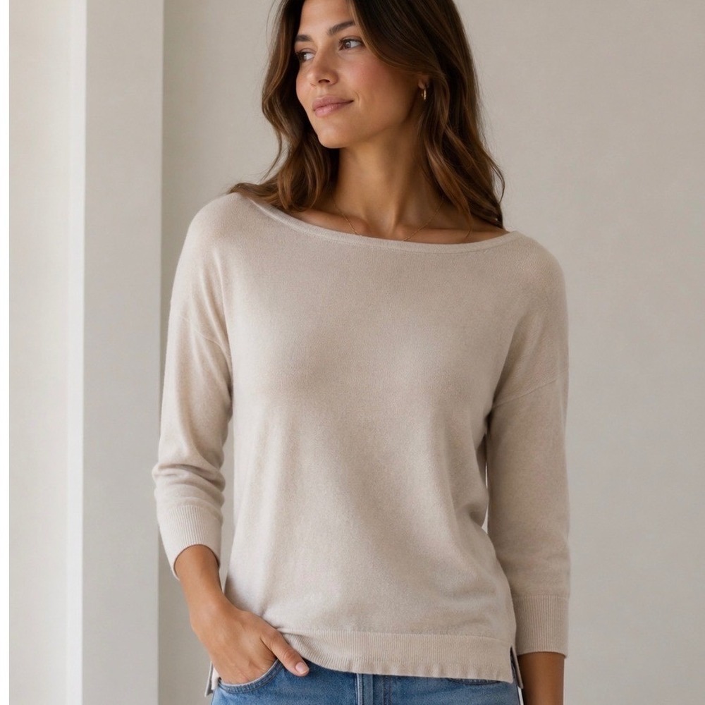 Christopher Fischer Womens 100% Cashmere Boat Neck Sweater Beige 3/4 Sleeve S
